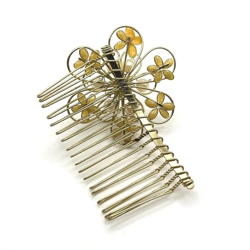 Gold Tone Floral Hair Comb‎ Faux Pearl Rhinestone Wedding Bridal Accessory